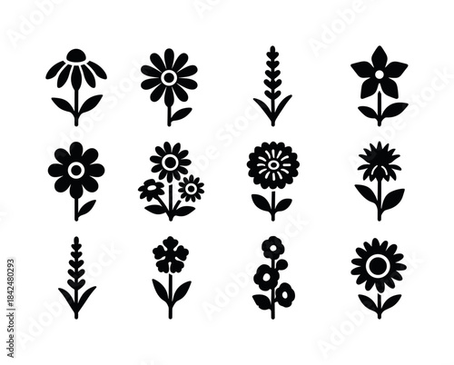 Summer Flower Icons. Summer bee flowers. Solid icon set of summe