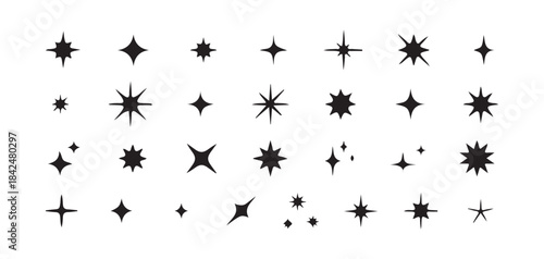 Set of black star icons sparkle and glow symbol collection on white background