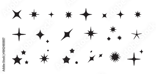 Set of black star icons light and glow symbol collection on white background