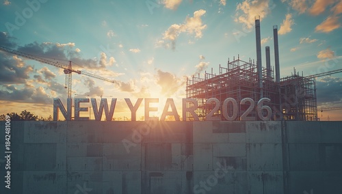 Backlighting 3D NEW YEAR 2026 sign crowning concrete wall at sunset with crane scaffold chimneys