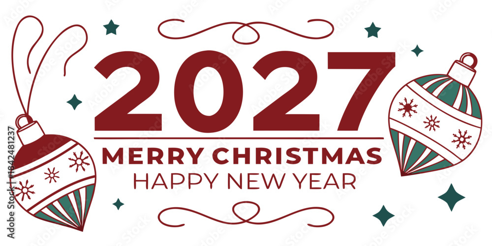 Naklejka premium Merry Christmas and Happy New Year 2027 Greeting Card with Ornaments, Geometric Accents, and Green Diamond Motifs