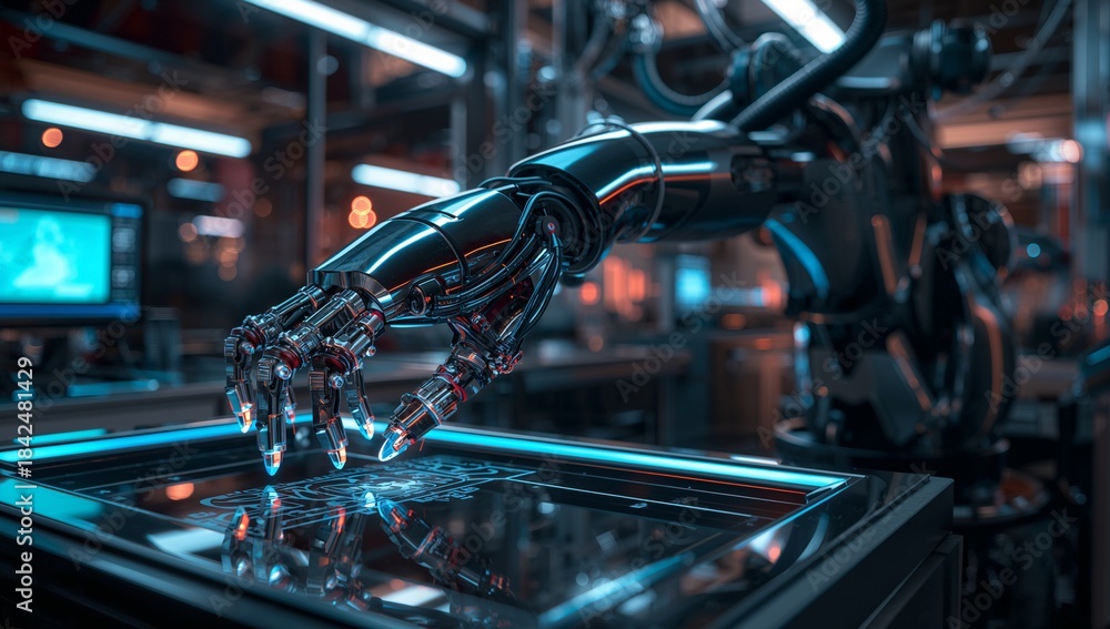 Obraz premium Hovering robotic arm touching glass display at research lab, showing cyan technical schematics