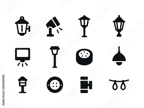 Outdoor Lighting Icons. Outdoor home lighting. Solid icon set of