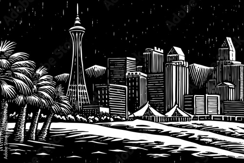 Las Vegas Strip appears in a rare snowy sketch with simplified casino outlines, tall towers, and soft shading transforming the vibrant city into a quiet winter scene