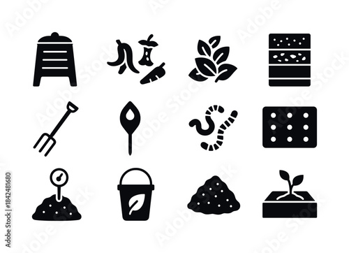 Home Composting Icons. Home composting. Solid icon set of home c