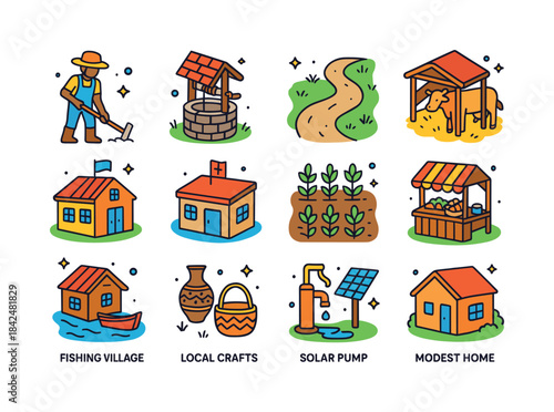Rural Life Icons. Rural realities. Colorful isometric vector ico
