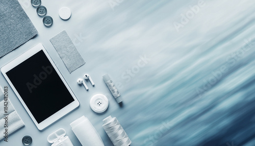 Top-Down View of Tech and Accessories on a Modern, Abstract Surface with Copy Space