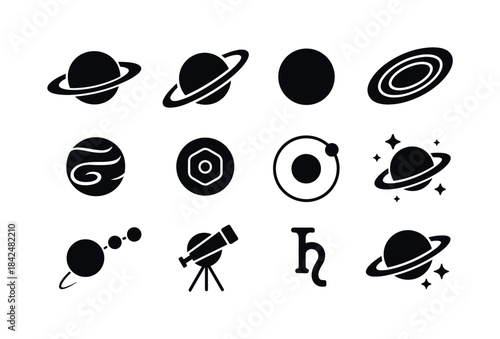Saturn Icon Set. Saturn. Solid icon set of Saturn: saturn ringed