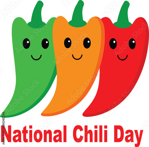 Three cartoon chili peppers in green, orange, and red with happy faces celebrating national chili day