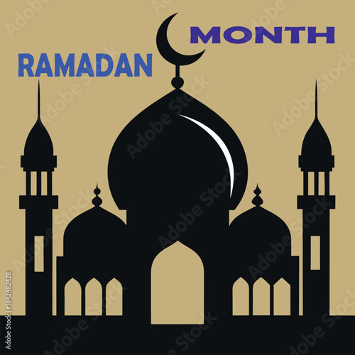Ramadan month mosque silhouette with crescent moon