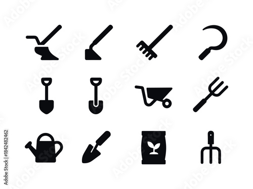 Agricultural Tools Icons. Agricultural tools. Solid icon set of