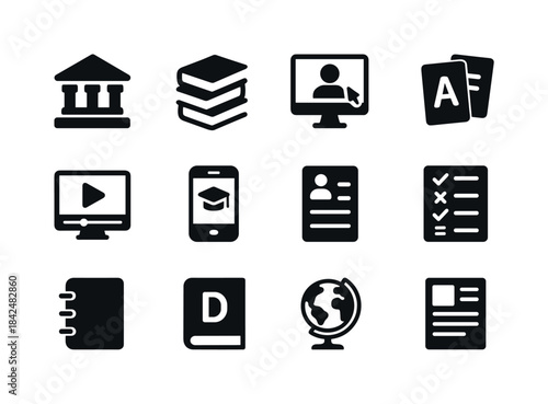 Educational Icon Grid. Educational resources. Solid icon set of