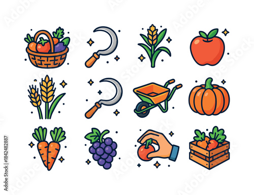 Isometric Harvest Icons. Harvesting. Colorful isometric vector i