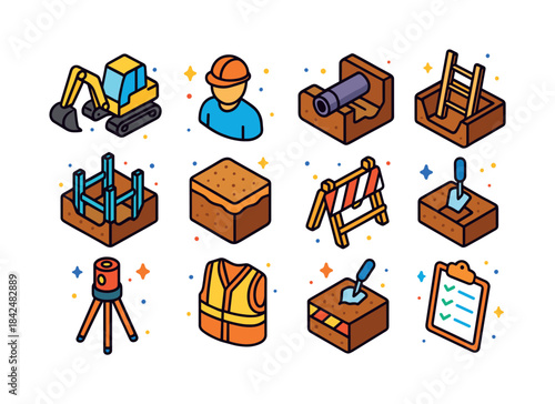 Colorful Construction Icons. construction trench work. Colorful