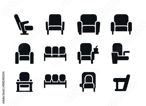 Cinema Seating Icons. Cinema seating. Solid icon set of cinema s