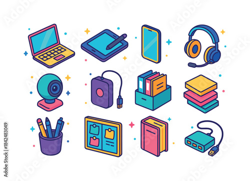 Isometric Freelancer Tools Icons. Freelancer tools. Colorful iso