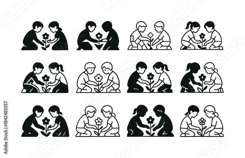 Children's Flower Logos. Children Picking Flowers. Icon set. Set