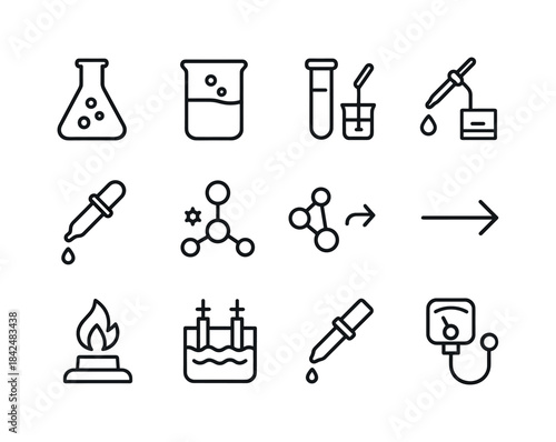 Chemical Icon Grid. Chemical reactions. Line icon set of Chemica