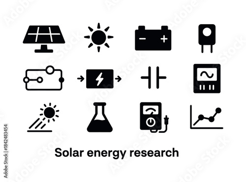 Solar Energy Icons. Solar energy research. Solid icon set of sol