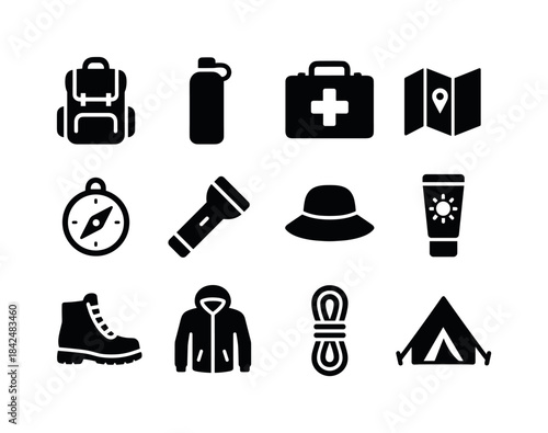 Outdoor Essentials Icons. Outdoor essentials. Solid icon set of