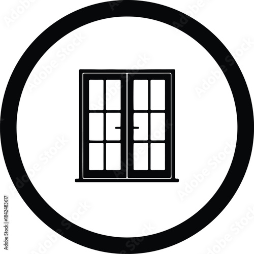 Vector black and white icon of traditional double pane French doors window silhouette Illustration