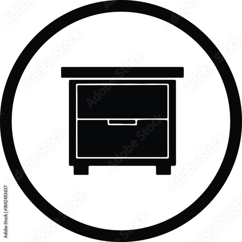 Vector black nightstand furniture icon in circular frame silhouette Illustration