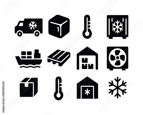 Cold Chain Icons. Cold chain logistics. Solid icon set of cold c