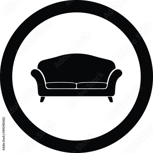 Vector Classic elegant two seater sofa couch furniture icon inside a black round circle silhouette Illustration