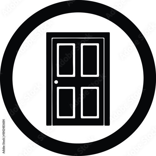 Vector classic four paneled door icon inside circular frame silhouette Illustration
