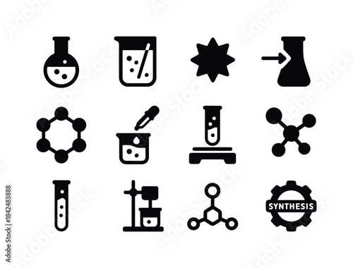 Chemical Synthesis Icons. Chemical synthesis. Solid icon set of