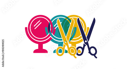 Colorful Mirrors and Scissors for Hairdressing and Beauty Salon.