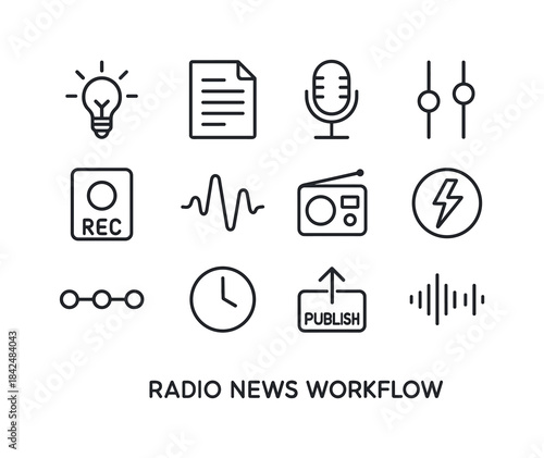 Radio News Icons. Radio News Workflow. Line icon set of Radio Ne