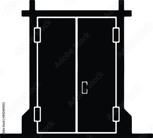 Vector Industrial double door icon with handle mechanism and frame silhouette Illustration