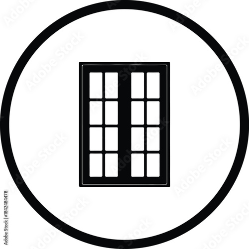 Vector Simple black residential multi-pane window frame icon inside a circle silhouette Illustration
