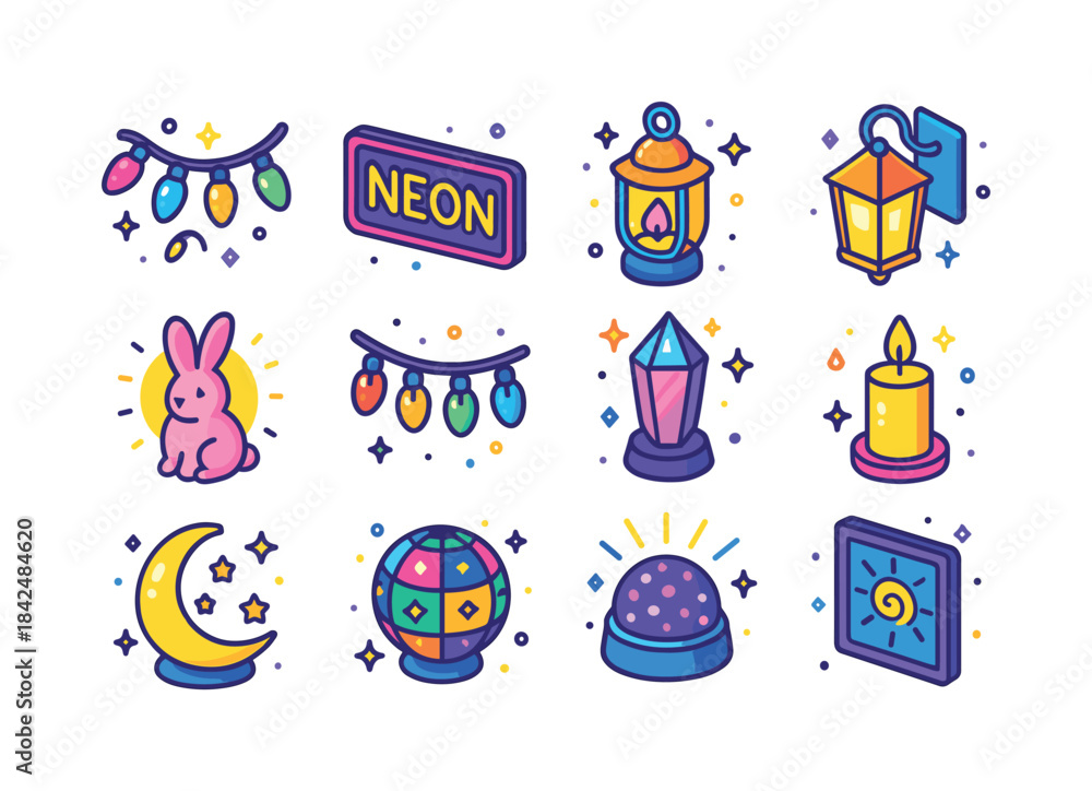 Fototapeta premium Colorful Lighting Icons. Decorative lighting. Colorful isometric