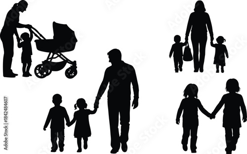 Silhouettes of parents and children together, symbolizing family life, childhood, parental care, love, walking, parenting, stroller, and happy, interconnected generational bonding illustration.