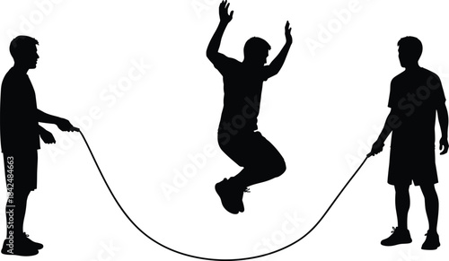 Silhouettes of three men doing a rope skipping exercise, symbolizing fitness, physical activity, teamwork, sport, jumping, healthy lifestyle, coordination, and cooperative physical training 
