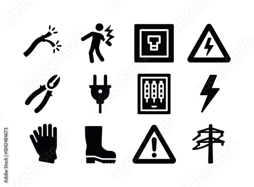 Electrical Safety Icons. Electrical Work Hazards. Solid icon set