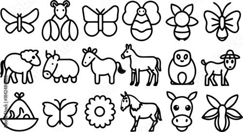 Black and white line of farm animals and insects sheep