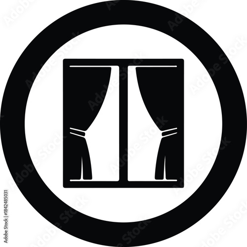 Vector Window with elegant curtains pulled back inside a thick black circular border silhouette Illustration