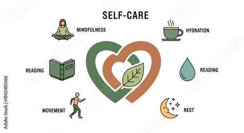 Self Care Heart Infographic with Icons Representing Mindfulness Hydration Reading Movement Rest and Healing.