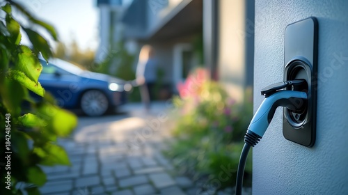Electric car charger near modern home.