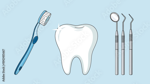 Dental hygiene tools including a toothbrush, dental mirror, and explorer set for oral care