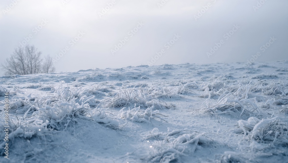 Obraz premium Glistening frosted grass tufts catching light in meadow, showing hoarfrost and bare trees left