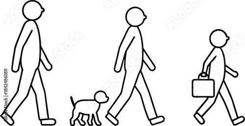 Three figures walking one with dog one with briefcase