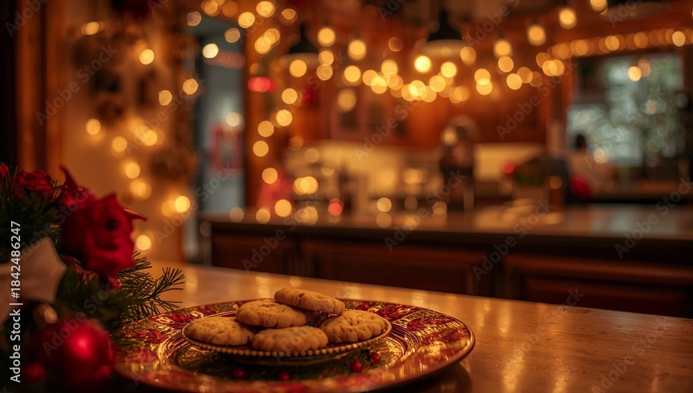 Obraz premium Showing plate of round cookies on charger sitting on wood counter in kitchen, with evergreen sprigs