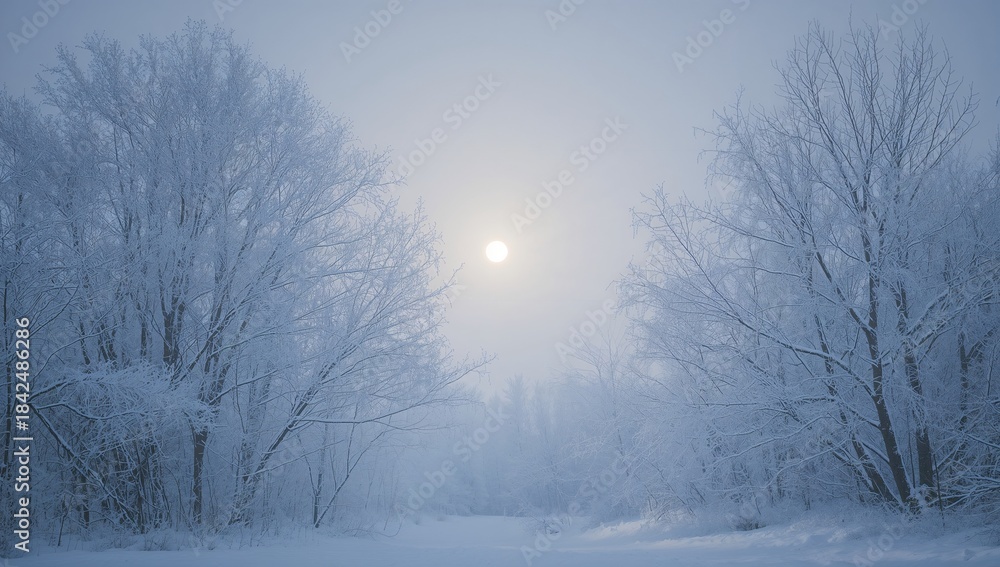 Fototapeta premium Framing frost-covered trees filling center of snowy clearing, with pale sun and mist