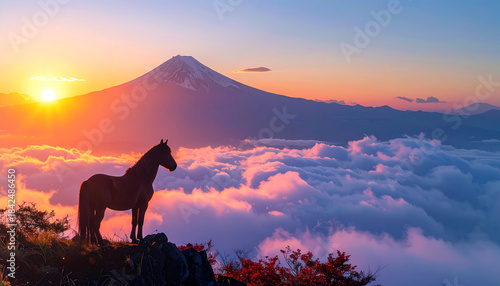 富士山の日の出と馬のシルエット,午年イメージ,　AI生成画像