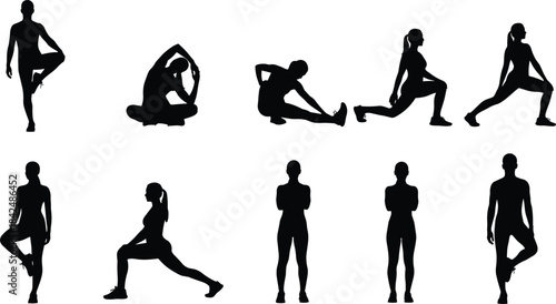Stretching and Yoga Exercises Silhouette Vector Set, People in Fitness Poses, Including Lunges and Balance, Male and Female Athletes Training, Black Icon Graphics for Health and Wellness Design