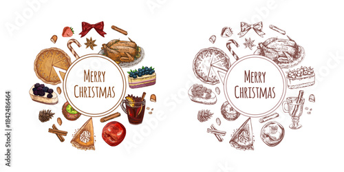 Hand drawn vintage sketch of delicious holiday meals, desserts and decorations in colored and monochrome style, isolated vector illustration